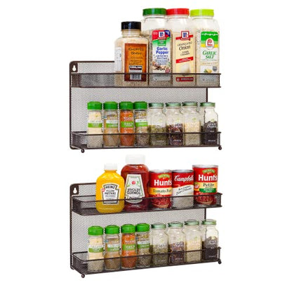 2 PK 2 Tier Mesh Kitchen Counter-top or Wall Mount Spice Rack Jars Storage Organizer, Bronze