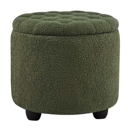 Modern Round Storage Ottoman, Upholstered Button Tufted Ottoman Footstool Ottomans with Removable Lid Storage Footstool for Living Room, Bedroom, Makeup Room, Teddy, Green - color: Green