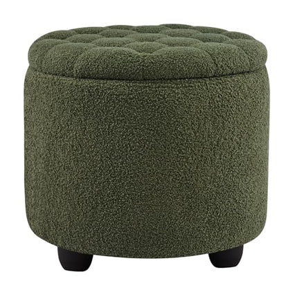 Modern Round Storage Ottoman, Upholstered Button Tufted Ottoman Footstool Ottomans with Removable Lid Storage Footstool for Living Room, Bedroom, Makeup Room, Teddy, Green - color: Green