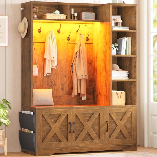 Itaar Hall Tree with Bench and Shoe Storage, Farmhouse Entryway Bench with Coat Rack, Shoe Cabinet with Adjustable Shelves, 6 Storage Cubbies, 10 Coat Hooks, Storage Bag, Led Lights, Rustic Brown - color: Rustic Brown, size: 43.3"