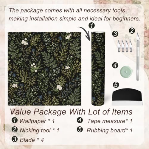 Peel and Stick Wallpaper17.3 X393.7 in, Dark Floral Leaf, Vintage Self-Adhesive Removable Wall Mural, Waterproof Accent Easy to Install for Living Room Bedroom Kitchen Walls - color: Night Fern, size: 17.3"X393.7"