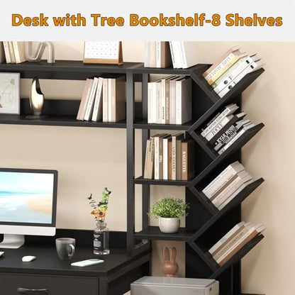 52" Computer Desk with Bookshelf, 5 Drawers ＆ Hutch for Bedroom | Black Office Desk with Printer Shelf, Study Writing Desk with Storage Shelves - color: Black
