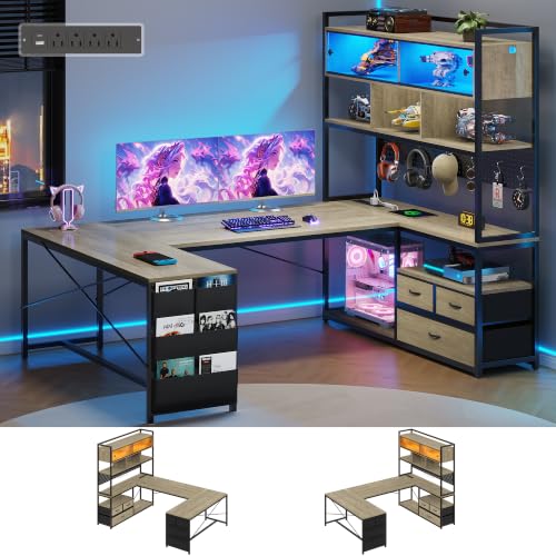 Dnxao U-Shaped Corner Gaming Desk with 3 Drawers and Pegboard, Oak Gray | 65" Reversible Computer Desk with Power Outlets and LED Lights, Storage Shelves Workstation with Pegboard for Gamers - color: Oak Gray