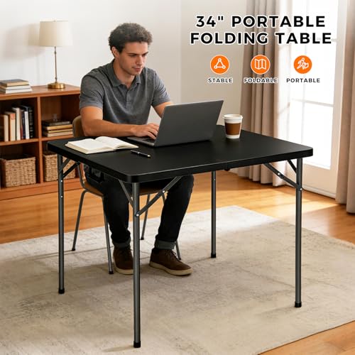 34" Square Folding Table, Portable Folding Card Table with Collapsible Legs & Carrying Handle, Plastic Tables for Camping,Picnic, Office, Party,Black - color: 34"-black(square)