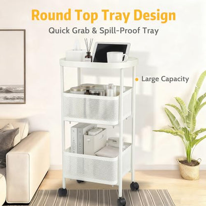 3 Tier Rolling Cart, Metal Utility Storage Carts with Wheels, Craft Cart Organizer, Mesh Basket for Bedside Kitchen Office Art, Milky White