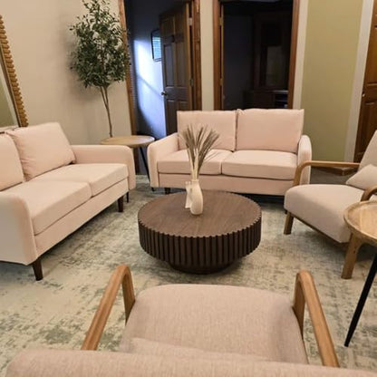 31.49'' Round Coffee Table for Living Room, Modern Wood Nesting Coffee Table Handcraft Circle Fluted Drum Coffee Table, Easy Assembly - color: Walnut, size: 31.49"x17.91"x13.77"