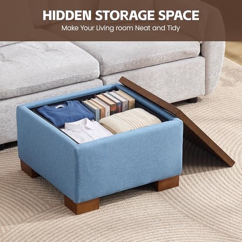 WUTUTUEE 24" Square Ottoman Coffee Table with Storage, Fabric Ottomans with Tray and Solid Wood Legs for Living Room, Bedroom and Apartments, Small Modern Ottoman Tea Table with Lift-Off Lid, Blue - color: 24'' Blue Fabric