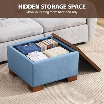 WUTUTUEE 24" Square Ottoman Coffee Table with Storage, Fabric Ottomans with Tray and Solid Wood Legs for Living Room, Bedroom and Apartments, Small Modern Ottoman Tea Table with Lift-Off Lid, Blue - color: 24'' Blue Fabric
