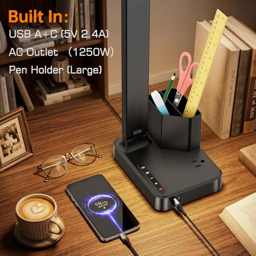 LED Desk Lamp USB A/C AC Pen Holder Dorm Home Office Desk Light Black | Adjustable LED Desk Light with USB A/C, AC Outlet, Pen Holder; Small Desk Lamp for Dorm, Study, Craft & Home Office - color: Black