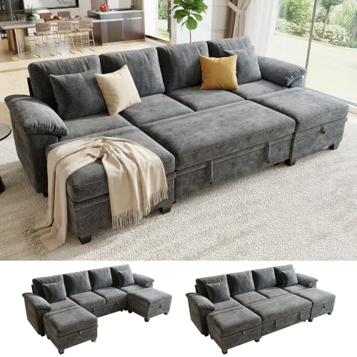 Sectional Sleeper Sofa Bed, 107.8" U Shaped 6 Seat Pull Out Couch with Storage Ottoman, Convertible Cloud Couch Bed, Modular Sectional Couches for Living Room, Apartment (Gray) - color: Grey, size: 6 Seat U Sleeper