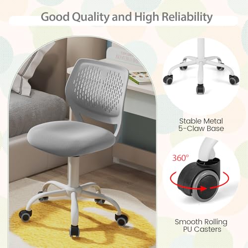 POWERSTONE Small Home Office Desk Chair, Swivel Rolling Study Computer Chair, Adjustable Height Task Chair with Armless Mid Back, Upholstered Mesh Seat, Grey - color: Grey