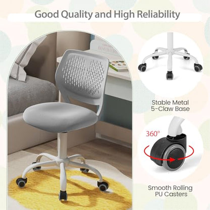 POWERSTONE Small Home Office Desk Chair, Swivel Rolling Study Computer Chair, Adjustable Height Task Chair with Armless Mid Back, Upholstered Mesh Seat, Grey - color: Grey