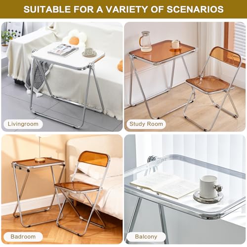 Acrylic Folding Table TV Tray Small Side Table - Tawny | Modern Transparent Dinner Table for Eating on Couch Folding Table Foldable Computer Desks Space-Saving with Chrome Frame - color: Tawny