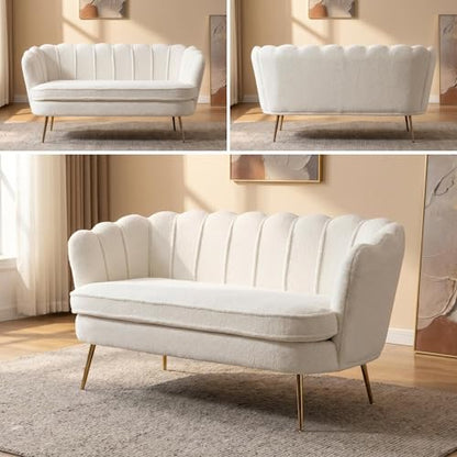 Modern Boucle Loveseat Couch, Futon Small Sofa with Gold Metal Legs | 2-Seater Upholstered Mini Sofa Couches for Small Space,Living Room Bedroom Office Dorm Studio Apartment Love Seat Couche - color: White