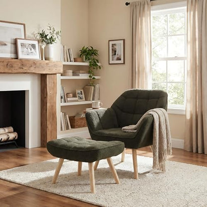 Green Sherpa Accent Chair with Ottoman ，Modern Reading Chairs with Ottoman Set, Comfy Fuzzy Armchair Living Room Chair Lounge Chair with Wood Legs for Small Spaces Bedroom Apartment - color: Green, size: Chair with Ottoman