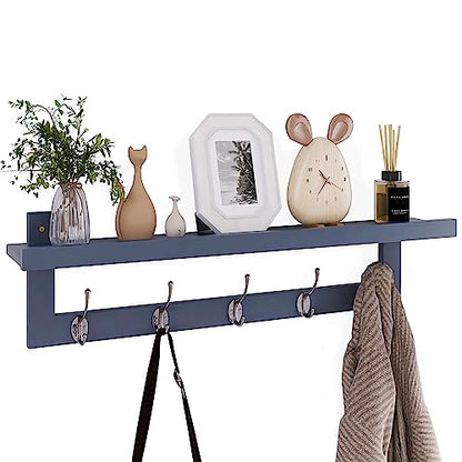 SMIBUY Coat Hooks with Shelf Wall-Mounted, 29.2 Inch Entryway Coat Rack for Wall, Bamboo Hanging Shelf with 5 Double Metal Hooks for Bathroom, Bedroom, Kitchen, Living Room, Mudroom (Grey) - color: Gray
