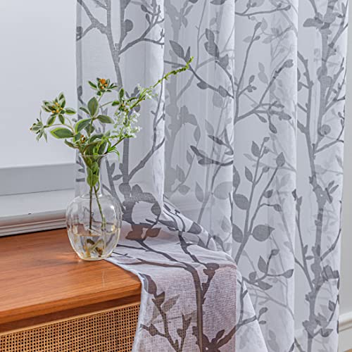 Luvyohmee White Grey Curtains 63 Inch Length 2 Panels, Semi Sheer Window Curtain Drapes for Living Room/Bedroom, Gray Nature Tree Branches Patterned Linen Textured Curtains, Grommet Top W52XL63 - color: Grey, size: 52"W x 63"L (Pack of 2)