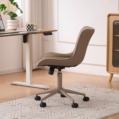 YOUTASTE All Khaki Office Chair, Modern Armless Desk Chair with Back, Adjustable Swivel Rolling Faux Leather Task Chair with Wheels Metal Base for Home Office, Study, or Vanity - color: All Khaki