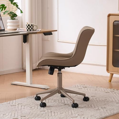 YOUTASTE All Khaki Office Chair, Modern Armless Desk Chair with Back, Adjustable Swivel Rolling Faux Leather Task Chair with Wheels Metal Base for Home Office, Study, or Vanity - color: All Khaki