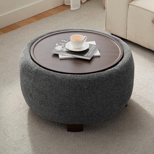 VKNOW 30" Round Storage Ottoman, Ottoman Coffee Table with Removable Wood Top and Solid Wood Legs for Living Room, Bedroom, Apartments (Black) - color: Black