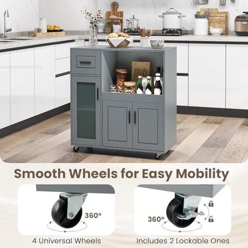 Giantex Kitchen Island Cart with Storage, Rolling Island Table with Drawer, Glass Door, Adjustable Shelf, Bar Coffee Microwave Cart On Wheels for Dining Room, Grey