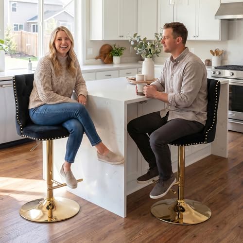 Velvet Bar Stool Set of 2, Adjustable Swivel Bar Stools with Gold Plated Metal Leg, Button Tufted, Footrest, Chrome Nailhead, Counter Height Chair for Kitchen, Bar, Dining Room (Black) - color: Black-gold Leg, size: Set of 2