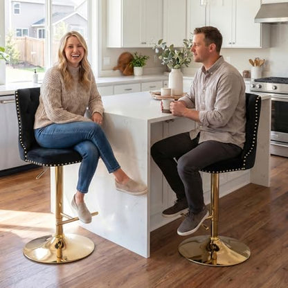 Velvet Bar Stool Set of 2, Adjustable Swivel Bar Stools with Gold Plated Metal Leg, Button Tufted, Footrest, Chrome Nailhead, Counter Height Chair for Kitchen, Bar, Dining Room (Black) - color: Black-gold Leg, size: Set of 2