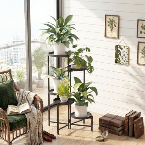 5 Tier Tall Metal Plant Stand, Duty Tiered Flower Shelf for Patio Garden | Rotatable 5-tier design, Foldable storage, leakproof trays, Waterproof rustproof, 10-minute easy assembly - size: 5 Tier