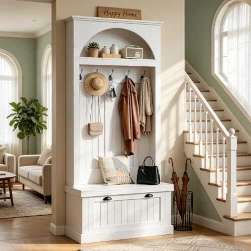 Hall Tree with Bench and Shoe Storage, Farmhouse Entryway Coat Rack with Arched Top Shelf, 5 Hooks, Flip-Down Shoe Cabinet, Beadboard Paneling, Anti-Tip Device, White, 32.7" x 15.8" x 76.8"