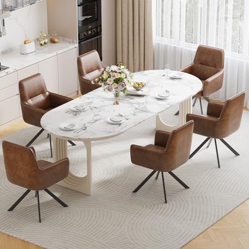 Modern Swivel Dining Chairs Set of 6, Upholstered Dining Room Chairs with Thicken Cushion, 360°Swivel Dining Chairs with Metal Legs for Dining Room, Kitchen, Bedroom, PU, Brown - color: Brown, size: Set of 6