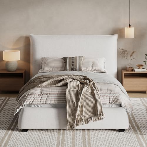 Christopher Knight Home Deft Wooden Twin Bed Frame with Headboard, Luxurious Upholstered Platform Bedframe with Linen Fabric Pillow-Back Headboard, Twin Bed Frame No Box Spring Needed, Beige - size: Twin Size