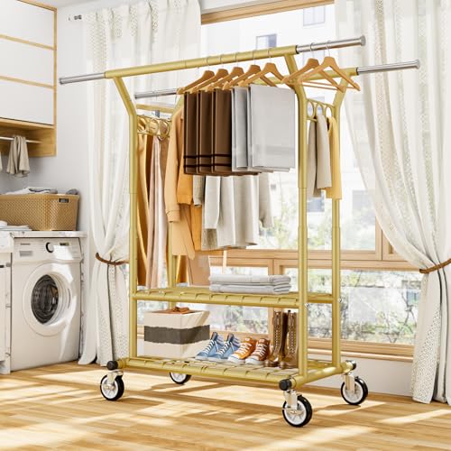 HYSEYY Heavy Duty Clothes Rack, Rolling Clothing Racks With Shelves Load 620 LBS, Double Rod Clothing Racks for Hanging Clothes, Portable& Adjustable Clothes Rack with Wheels Garment Rack,Gold - color: Gold