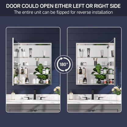 Medicine Cabinet Mirror 24"W x 30"H, Bathroom Beveled Edge Mirror Cabinet | Medicine Cabinets with Adjustable Glass Shelves, Soft-Closed Hinge, Chrome Aluminum Frame, Reverse Installation - size: 24" x 30"(Beveled)