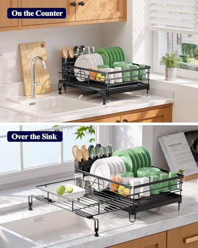Kitsure Adjustable Dish Drying Rack, 15.6''-25.2''L × 16.9''W, Black | Large Dish Drying Rack, Rust-Resistant Dish Racks for Kitchen Counter, With Adjustable Support Legs, Cutlery Holder - color: Black
