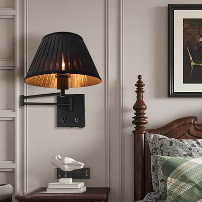 17" Swing Arm Wall Lamp USB & AC Outlet, Dimmable, Black | Adjustable Swing Arm Rotary dimmer sets Plug-in bedside Bedroom Living Room reading - color: Black
