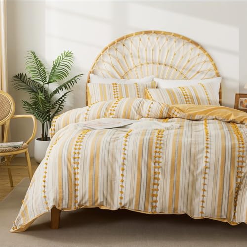 Washed Cotton Twin Size Duvet Cover Set - Tufted Dots Boho Chic Bedding for All Seasons, Striped Bohemain Bedding Linen Like Textured Breathable Durable Soft Comfy (Yellow, 66''x90'') - color: Yellow, size: Twin
