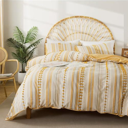 Washed Cotton King Size Duvet Cover Set - Tufted Dots Boho Chic Bedding for All Seasons, Striped Pom Pom Bedding Linen Like Textured Breathable Durable Soft Comfy (Yellow, 104x90'') - color: Yellow, size: King