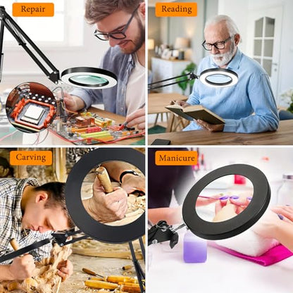 15X Magnifying Glass with Light – Real Glass Lens, 3 Color Modes & Adjustable Brightness – 2-in-1 Desk Lamp with Clamp & Heavy Base – Flexible Swing Arm – Ideal for Crafts, Reading, Repair, Seniors