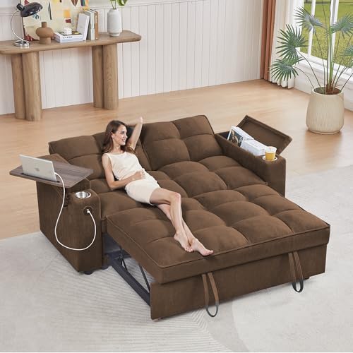 65" 3-in-1 Sofa Bed, Pull Out Sleeper Sofa with 360° Swivel Side Table, Storage Armrests, Cup Holders & USB Charging Ports, Chenille Convertible Couch for Living Room - color: 1107-coffee Brown-