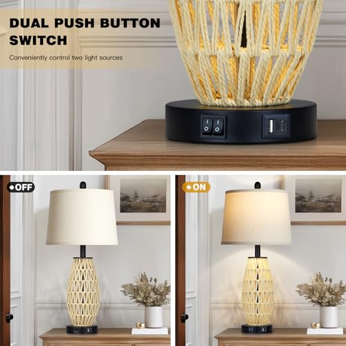 CINSARY 27“ Beige Boho Rattan Table Lamps with Night Light, Natural Bedroom Lamps Set of 2 with USB A+C Charging Ports, Rustic Farmhouse Woven Wicker Bedside Nightstand Lamp for Living Room End Tab - color: Beige and Black
