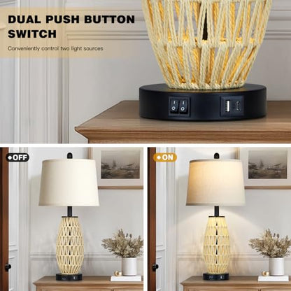 CINSARY 27“ Beige Boho Rattan Table Lamps with Night Light, Natural Bedroom Lamps Set of 2 with USB A+C Charging Ports, Rustic Farmhouse Woven Wicker Bedside Nightstand Lamp for Living Room End Tab - color: Beige and Black
