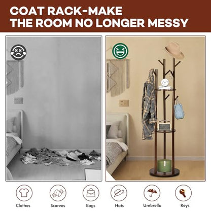 Freestanding Coat Rack, Solid Pine Wood Rotary Coat Tree with 3 Shelves and 9 Hanging Handles, Coat Hanger Stand for Bedroom, Entryway, Livingroom(Walnut Color)