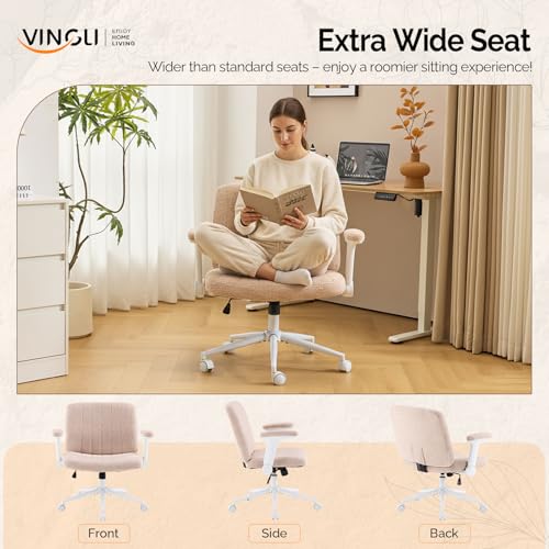 VINGLI Criss Cross Chair with Adjustable Flip-Up Arms,Cross Legged Chair with Wheels,Extra Wide Office Chair,Desk Chair for Home Office,Vanity,Bedroom, Apartment,Starry Chenille,Pink - color: Pink