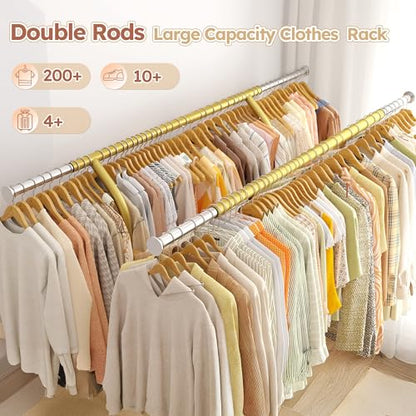 Raybee 74" W Clothes Rack 630 LBS Heavy Duty Double Rods Adjustable Size | 2 Shelves 2 Rods, Industrial Stainless Steel, 360°Lockable Wheels, 15-Min Tool-free Assembly, Bedroom Closet Living Room - color: Gold