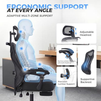 CYKOV Ergonomic Office Chair, Reclining, Footrest, Adjustable Lumbar, 350LB | 4-Way Headrest (4.72" + 60°), 2-Way Lumbar (2" + 1.18"), 90-135° Recline, Breathable Mesh, Gaming & Office, 5-Year Warranty - color: Black