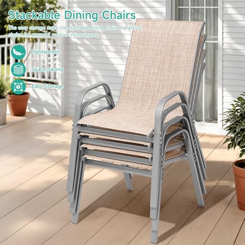Patio Chairs Set of 4, All Weather Outdoor Dining Chairs | Stackable Dining Furniture Set, Breathable, High Back, Lawn, Garden, Backyard, Poolside Furniture - color: Beige
