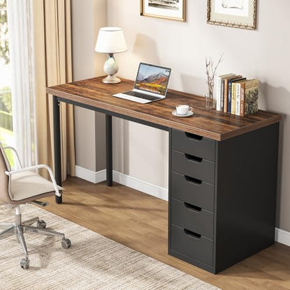Tribesigns Computer Desk with 5 Drawers, 47 inches Rustic Brown Home Office Desk with Storage, Modern Simple Laptop Desk Study Writing Table for Small Spaces (1, Brown+Black) - color: Brown+black
