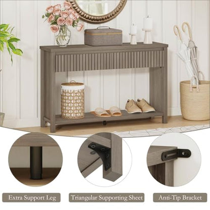 Console Table with Storage, 47In Entryway Table with Drawers, Grey Couch Tables Behind Sofa, Narrow Sofa Tables with 2-Tier Shelf for Living Room, Hallway, Front Door, Greige Oak - color: Greige Oak