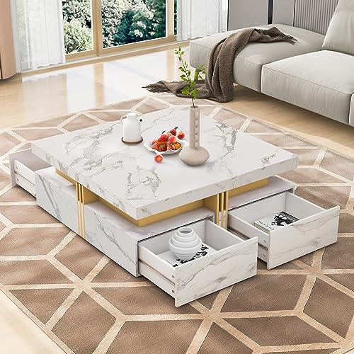Modern White Square Storage Coffee Table with 4 Drawers for Living Room - color: White1