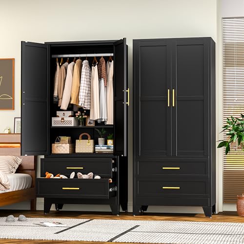 RIETERN Metal Armoire Wardrobe Closet, 71" Tall Black Bedroom Closet | with 2 Drawers, Adjustable Shelves, and Hanging Rod, Steel clothes closets and Storage, for Bedroom - color: No Mirror-black, size: 2 Drawers